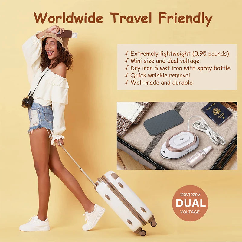 Compact Travel Iron with Foldable Handle and Rapid Heating Plate