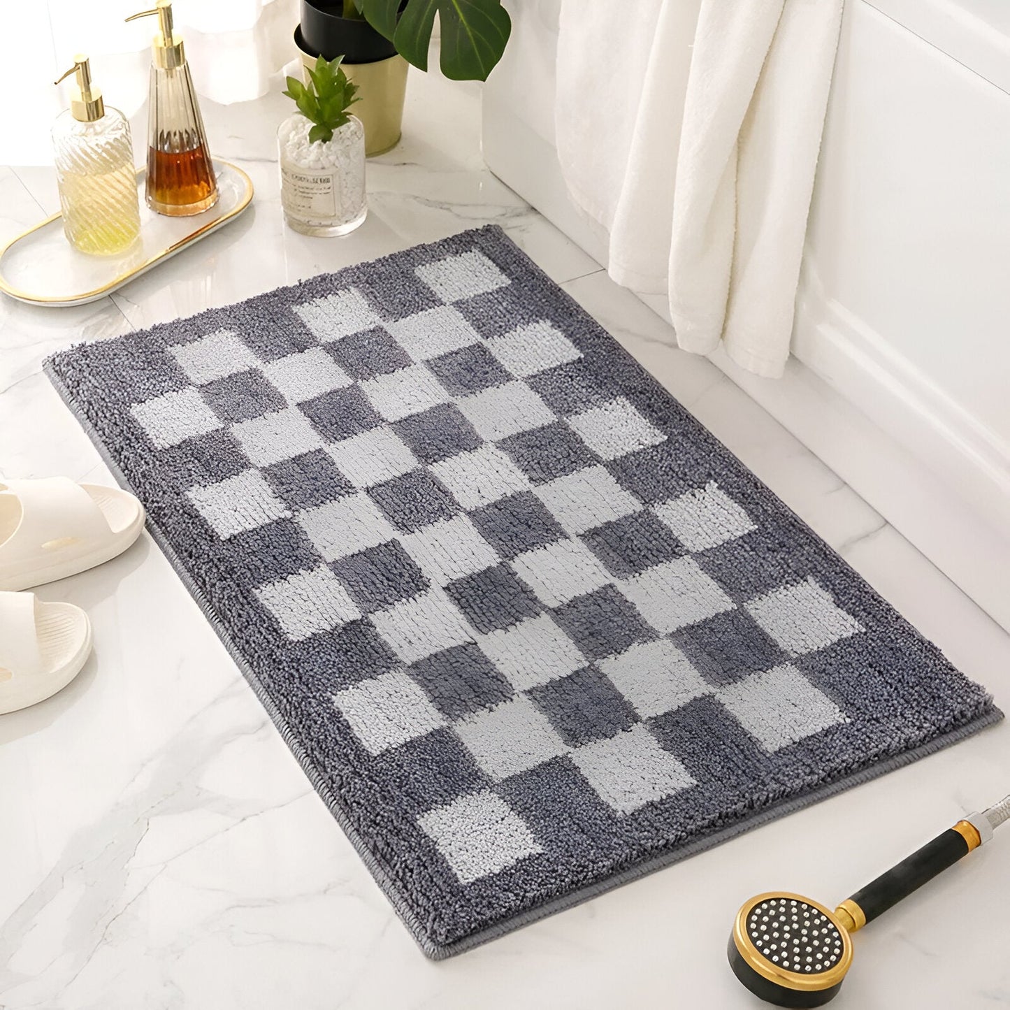 Checkered Microfiber Bath Mat with Black and White Pattern, Machine Washable