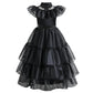Girls Black Layered Cake Gown with Mesh Details and Mid Calf Length