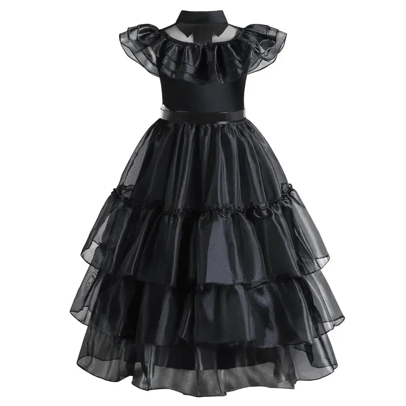 Girls Black Layered Cake Gown with Mesh Details and Mid Calf Length