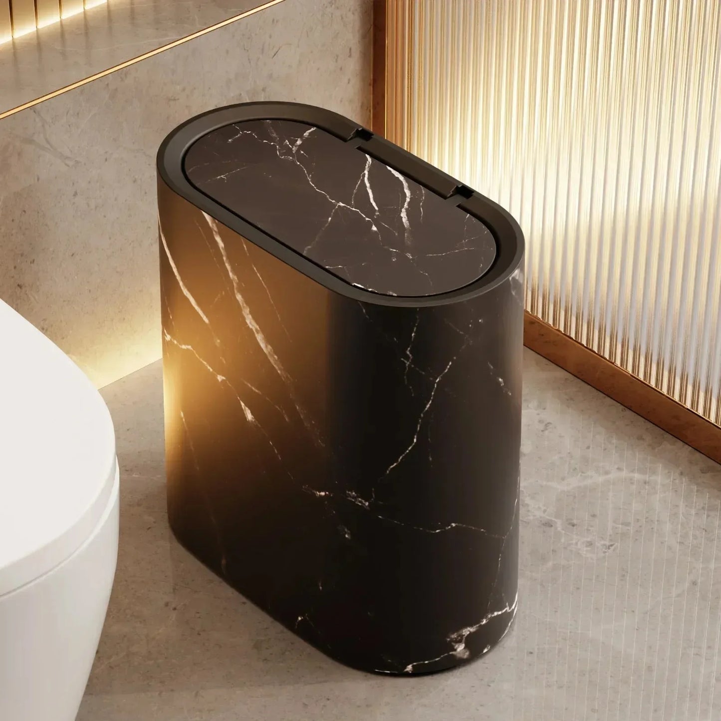 Push Top Trash Can with Marble Texture and Elliptical Corner Shape