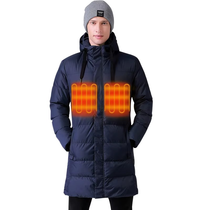 Heated Down Coat with Built-In Warming Panels and Attached Hood, Extended Length