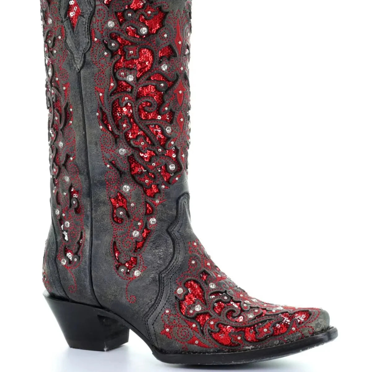 Sequined Retro Embroidered Long Boots with Pointed Toe and Color Block Heel