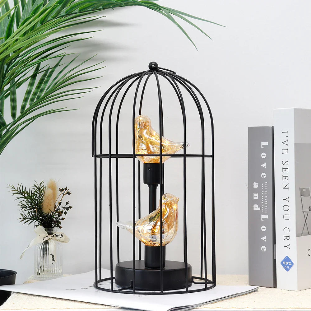 Warm White Fairy Light Birdcage Lamp with Metal Frame and Bird Accent