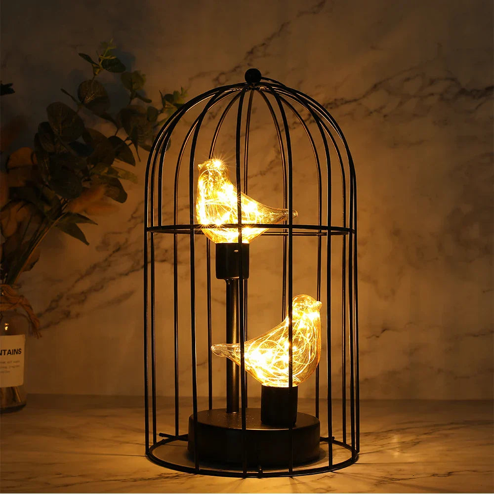 Warm White Fairy Light Birdcage Lamp with Metal Frame and Bird Accent