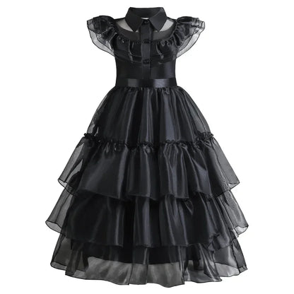 Girls Black Layered Cake Gown with Mesh Details and Mid Calf Length