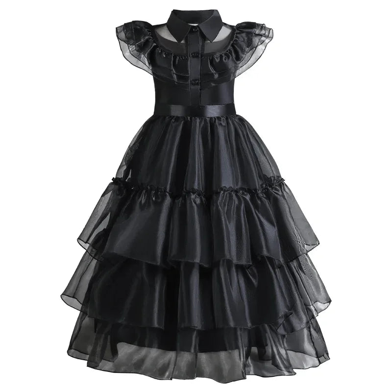 Girls Black Layered Cake Gown with Mesh Details and Mid Calf Length
