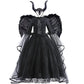 Girls Evil Queen Cosplay Dress with Lace Ruffle Details and Mid Calf Length, Ages 4-6