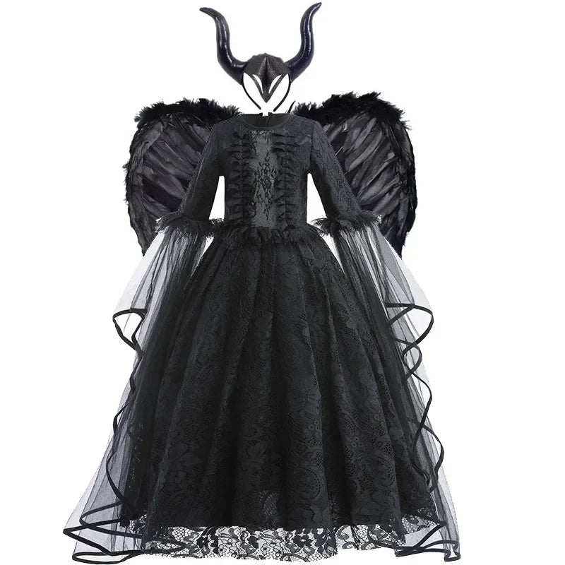 Girls Evil Queen Cosplay Dress with Lace Ruffle Details and Mid Calf Length, Ages 4-6