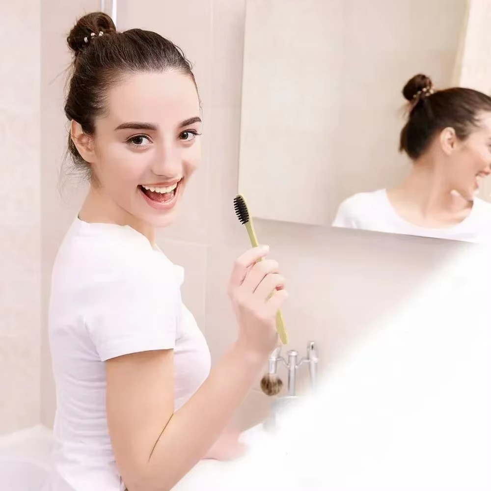 Bamboo Toothbrush Set with Soft Nylon Bristles and Naturally Antibacterial Handle, 10 Pack