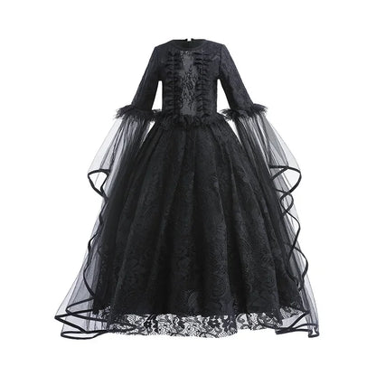 Girls Evil Queen Cosplay Dress with Lace Ruffle Details and Mid Calf Length, Ages 4-6