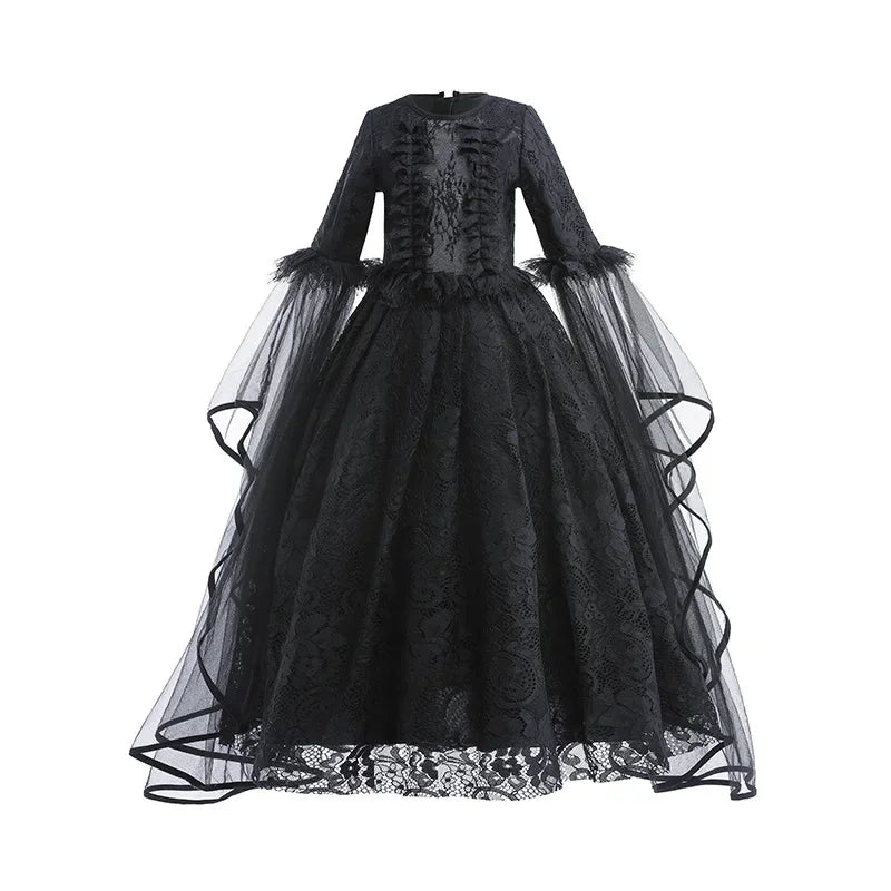 Girls Evil Queen Cosplay Dress with Lace Ruffle Details and Mid Calf Length, Ages 4-6