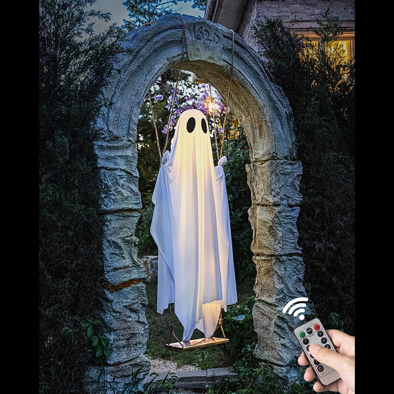 Outdoor Ghost Swing with String Lights and Wooden Seat for Halloween Porch Display