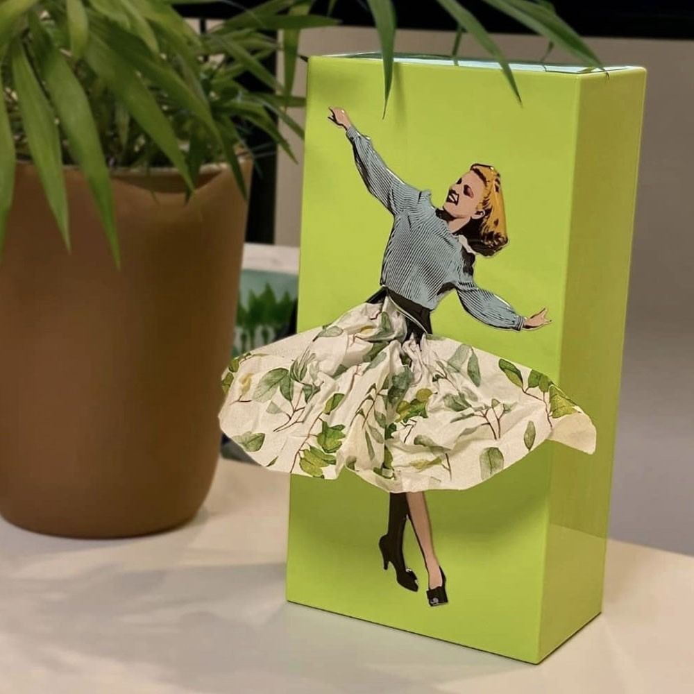 Tissue Box Cover with Billowing Skirt and Removable Weighted Base, Fits Standard Refills