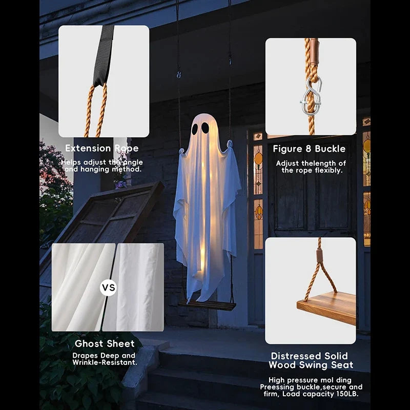 Outdoor Ghost Swing with String Lights and Wooden Seat for Halloween Porch Display