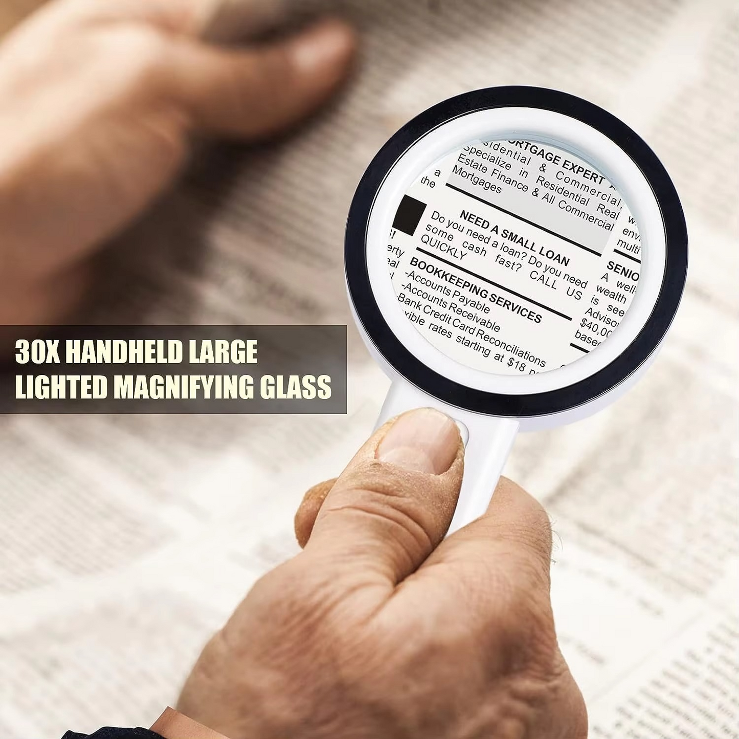 SjBackyard Handheld 30X Optical Magnifying Glass with LED Lights for Reading