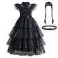 Girls Black Layered Cake Gown with Mesh Details and Mid Calf Length