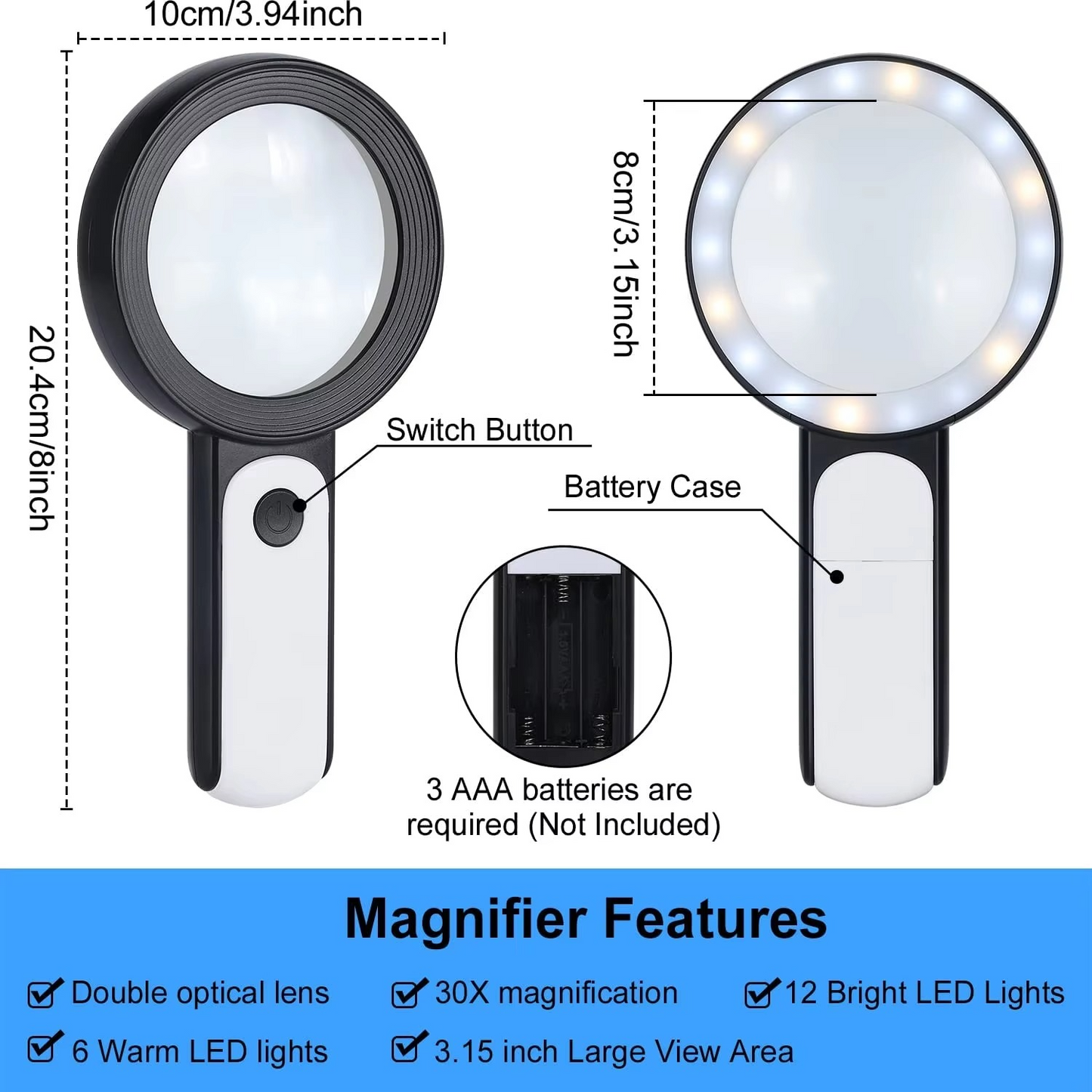 Powerful 30x Handheld Magnifying Glass with LED Lights for Seniors