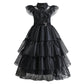 Girls Black Layered Cake Gown with Mesh Details and Mid Calf Length