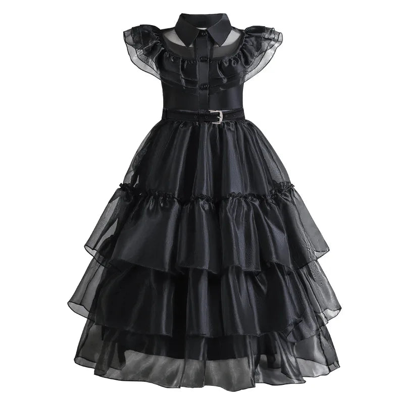 Girls Black Layered Cake Gown with Mesh Details and Mid Calf Length