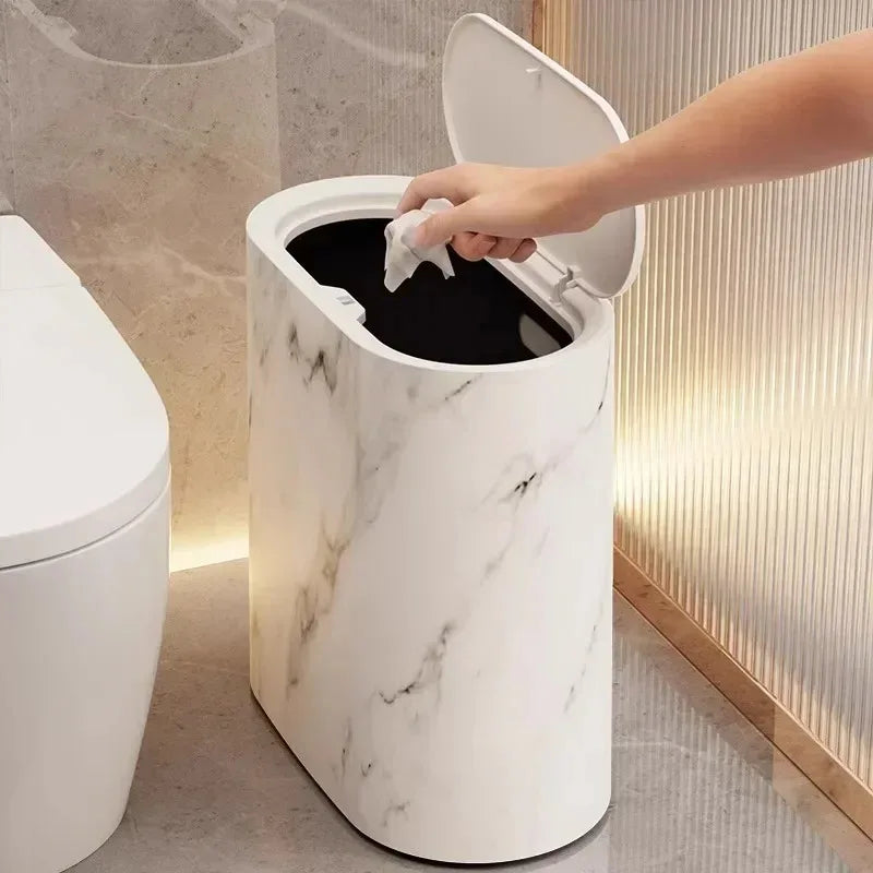 Push Top Trash Can with Marble Texture and Elliptical Corner Shape