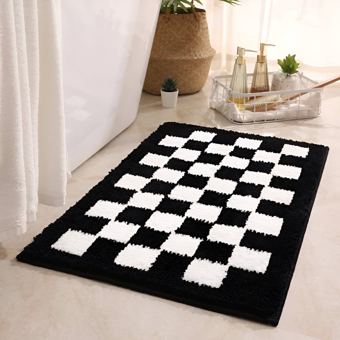 Checkered Microfiber Bath Mat with Black and White Pattern, Machine Washable