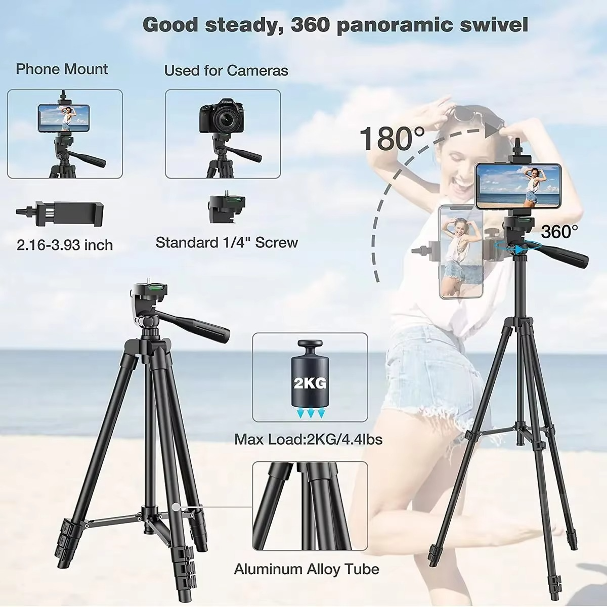 Expandable Camera Tripod with Wireless Remote and Adjustable Phone Holder, 20-55in