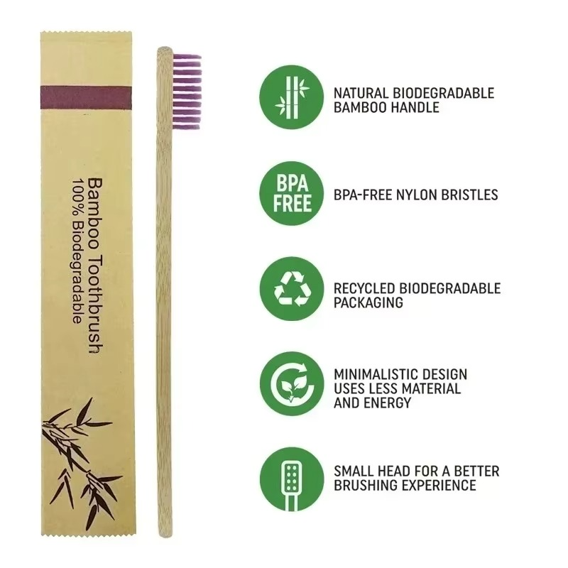 Bamboo Toothbrush Set with Soft Nylon Bristles and Naturally Antibacterial Handle, 10 Pack