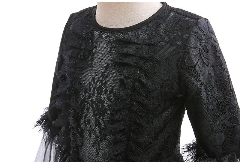 Girls Evil Queen Cosplay Dress with Lace Ruffle Details and Mid Calf Length, Ages 4-6