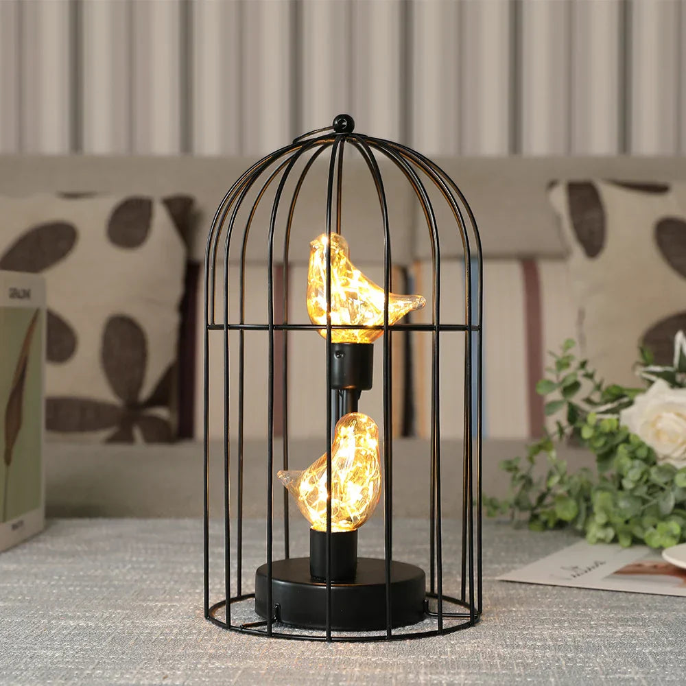 Warm White Fairy Light Birdcage Lamp with Metal Frame and Bird Accent
