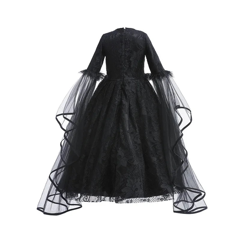 Girls Evil Queen Cosplay Dress with Lace Ruffle Details and Mid Calf Length, Ages 4-6