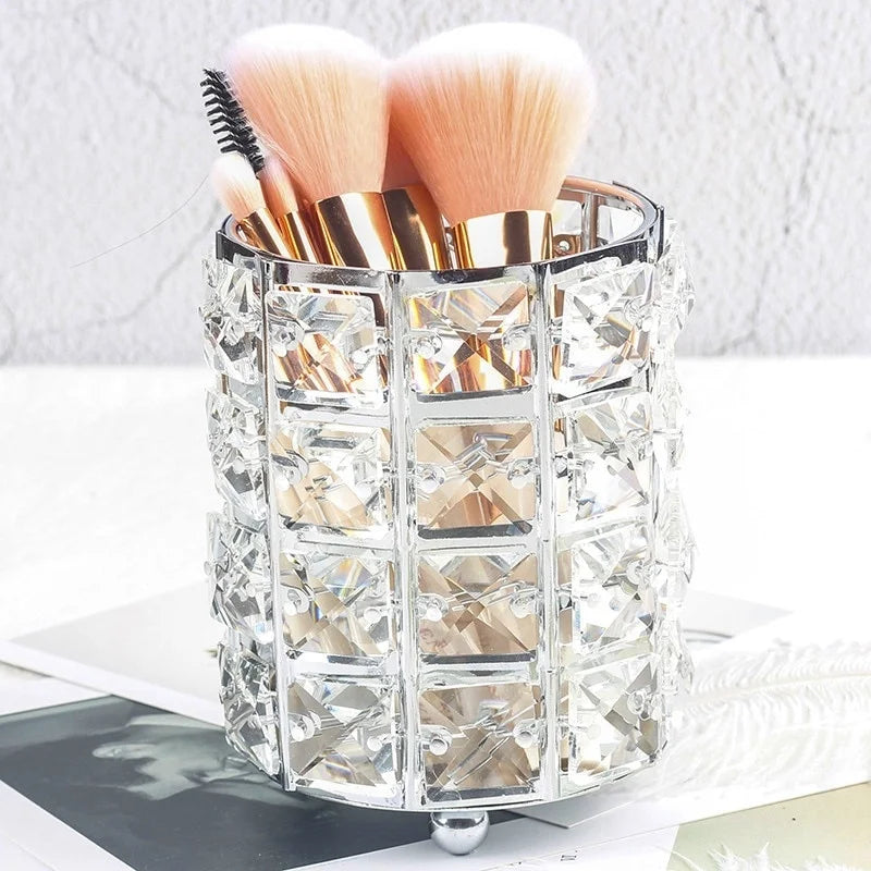 Makeup Brush Holder with Crystal Beads and Stainless Steel Frame, Gold or Silver