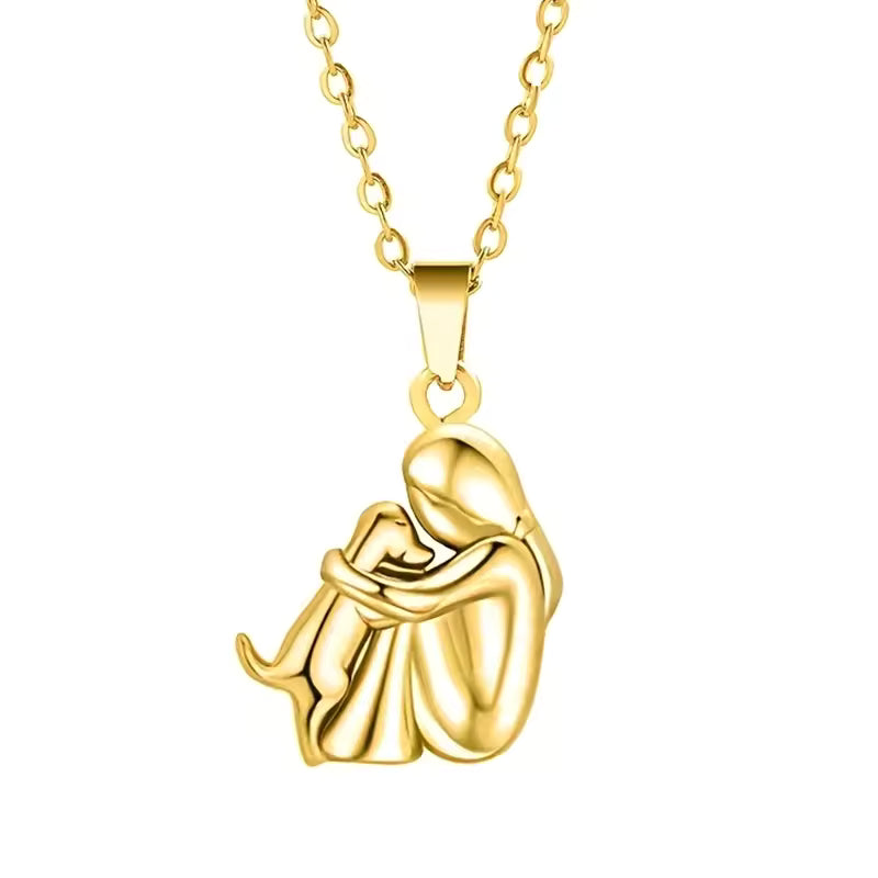 Dog Lover Necklace with Heart Embrace Silhouette and Adjustable 16.5in Chain, Plated Finish