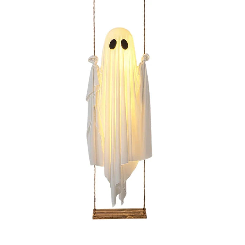 Outdoor Ghost Swing with String Lights and Wooden Seat for Halloween Porch Display