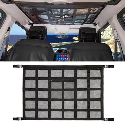 Overhead Vehicle Storage Net with Zipper Access and Buckle Mounting