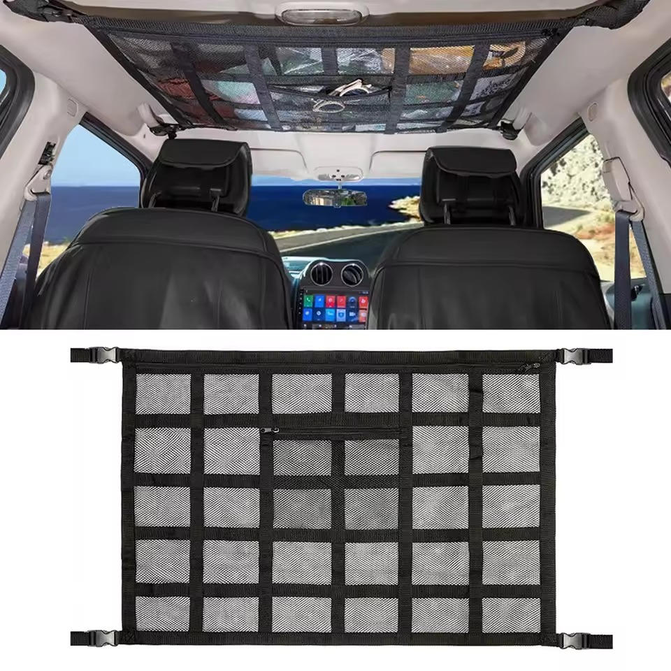 Overhead Vehicle Storage Net with Zipper Access and Buckle Mounting