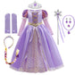 Girls Ball Gown Dress with Puff Sleeves and Applique Detailing, Mid Calf Length