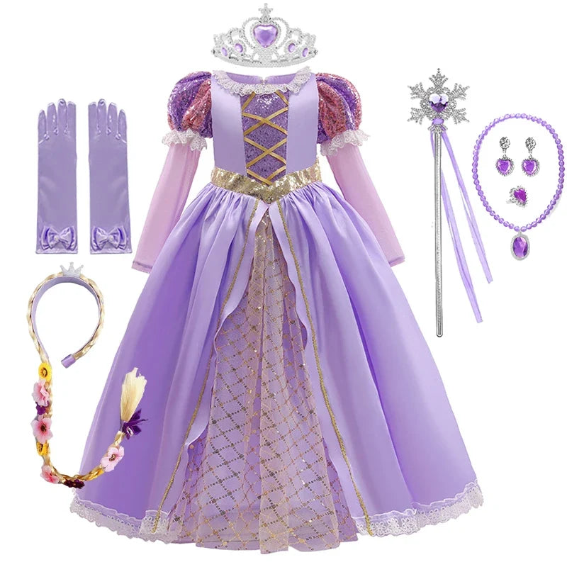 Girls Ball Gown Dress with Puff Sleeves and Applique Detailing, Mid Calf Length