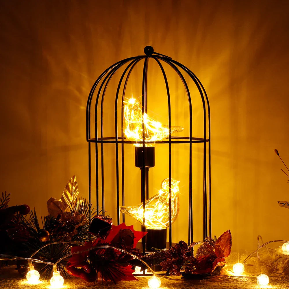 Warm White Fairy Light Birdcage Lamp with Metal Frame and Bird Accent