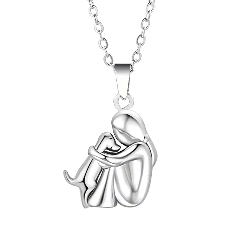 Dog Lover Necklace with Heart Embrace Silhouette and Adjustable 16.5in Chain, Plated Finish
