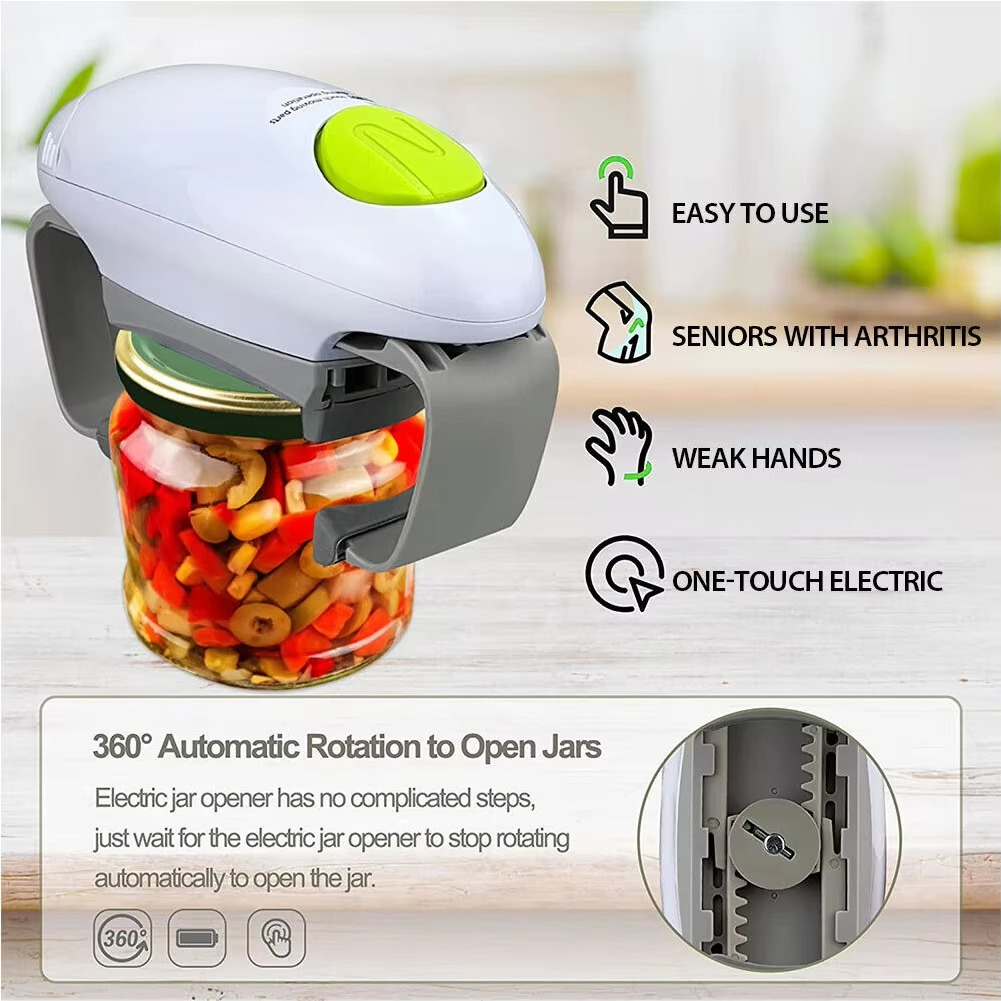 Battery Powered Jar and Can Opener with One Button Operation