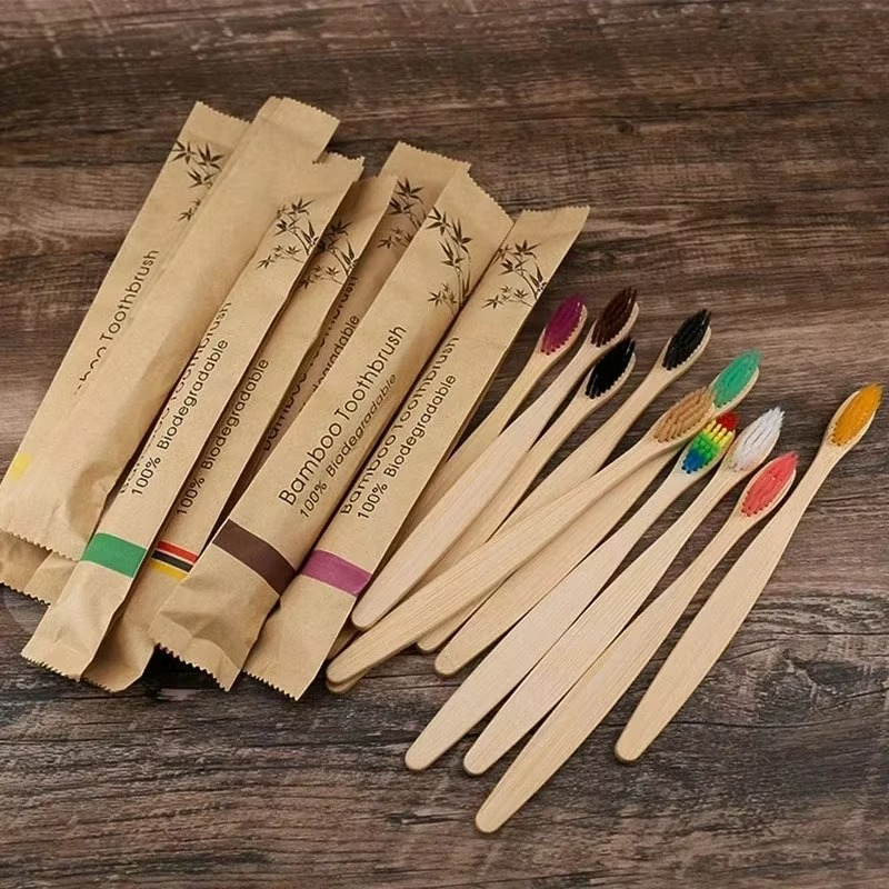 Bamboo Toothbrush Set with Soft Nylon Bristles and Naturally Antibacterial Handle, 10 Pack