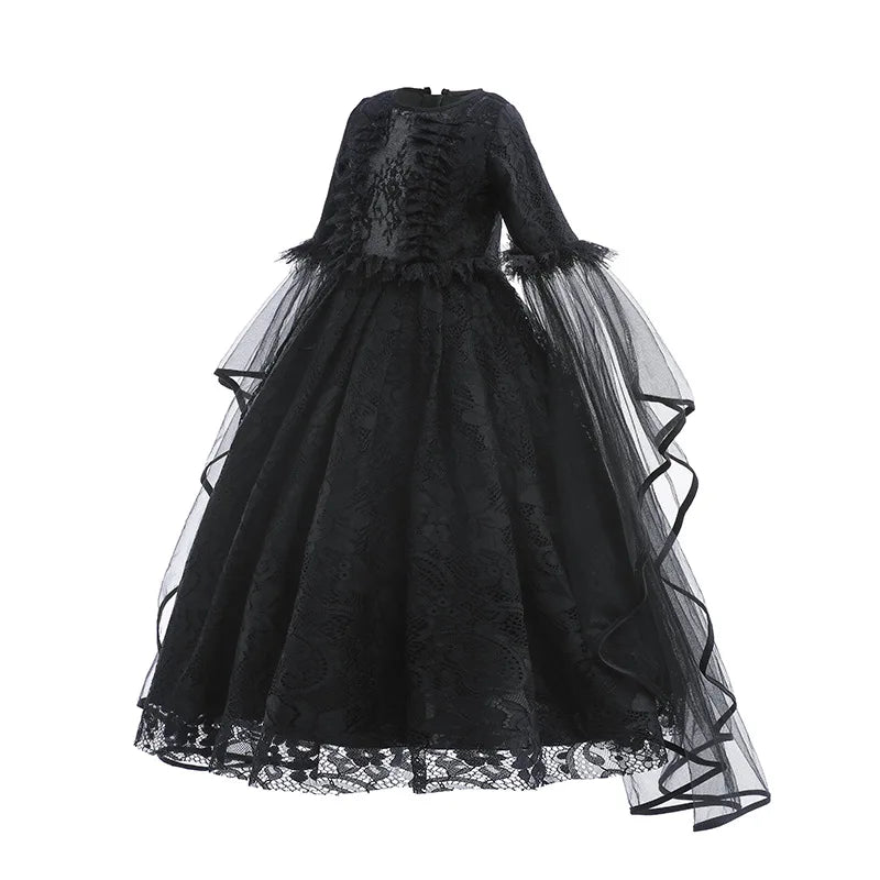 Girls Evil Queen Cosplay Dress with Lace Ruffle Details and Mid Calf Length, Ages 4-6