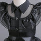 Girls Black Layered Cake Gown with Mesh Details and Mid Calf Length