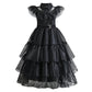 Girls Black Layered Cake Gown with Mesh Details and Mid Calf Length