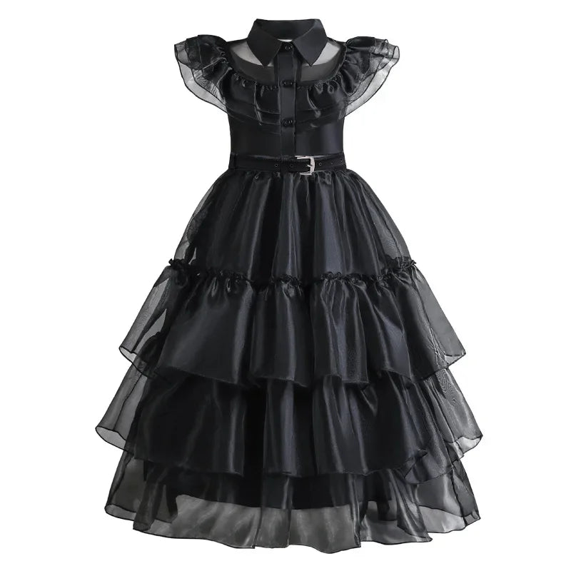 Girls Black Layered Cake Gown with Mesh Details and Mid Calf Length