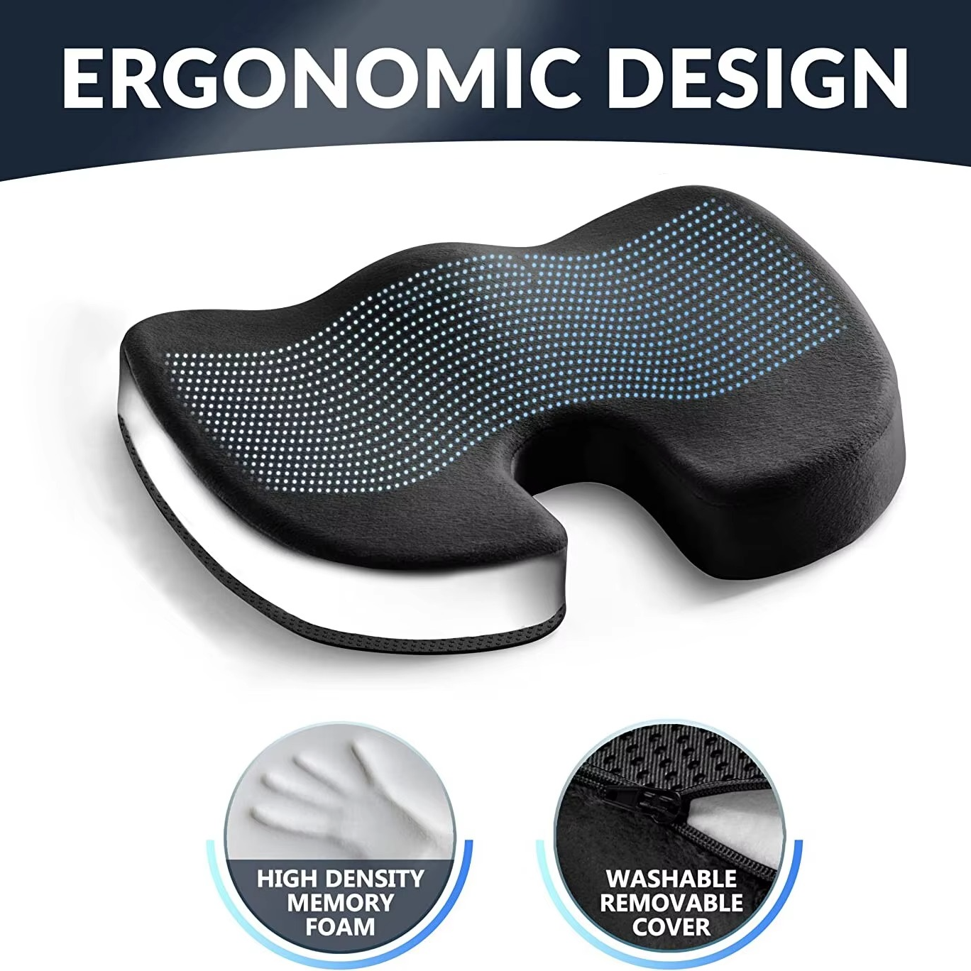 Seat Cushion with Gel Layer and Memory Foam, Coccyx Cutout Design