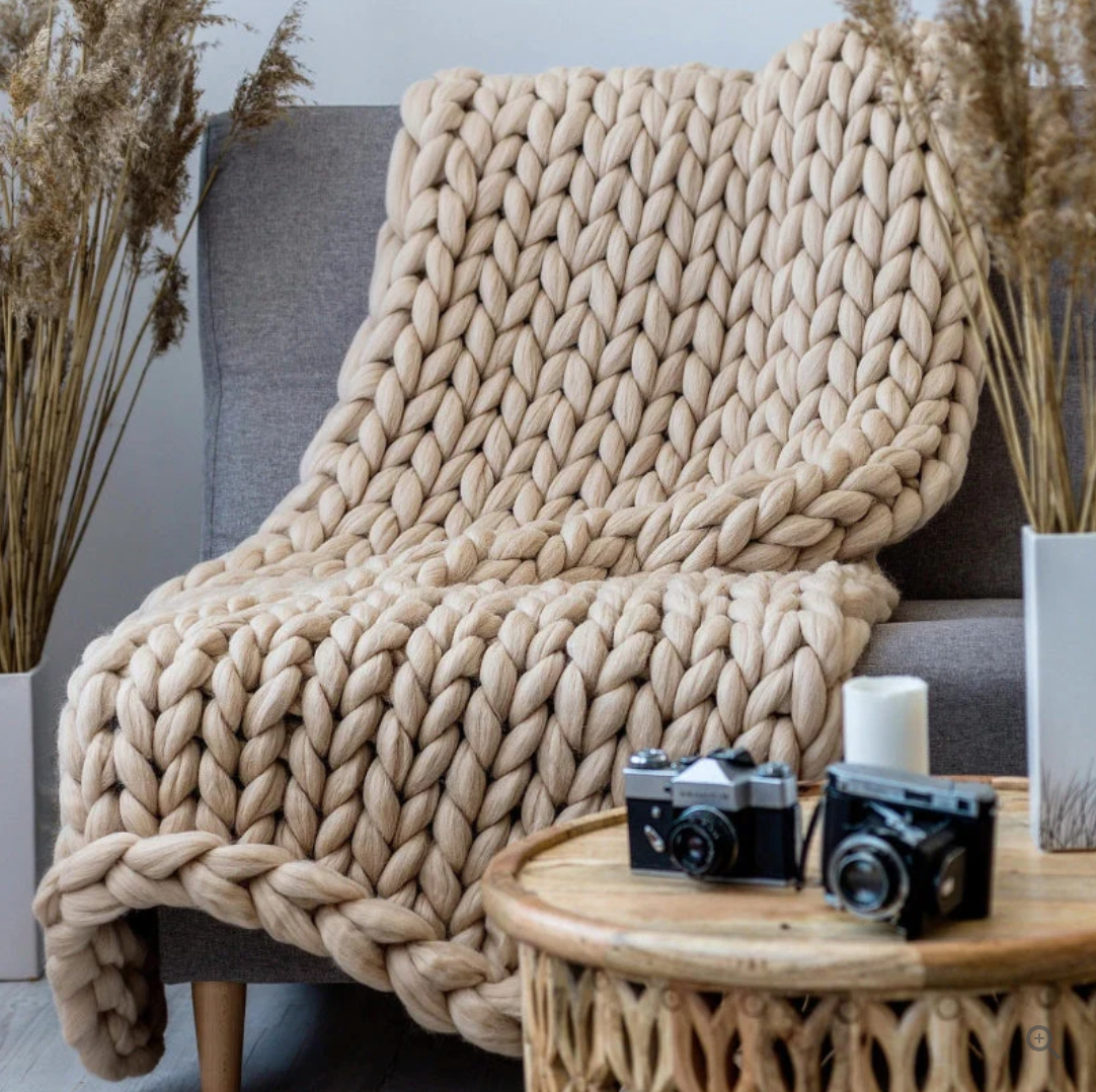 Knitted Throw Blanket with Natural Fibers and Hand-Textured Design, All-Season Use