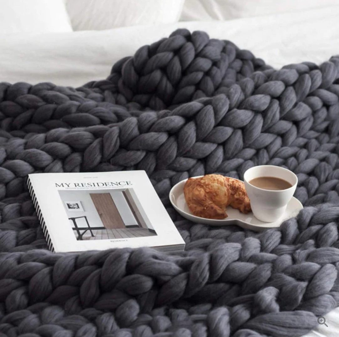 Knitted Throw Blanket with Natural Fibers and Hand-Textured Design, All-Season Use