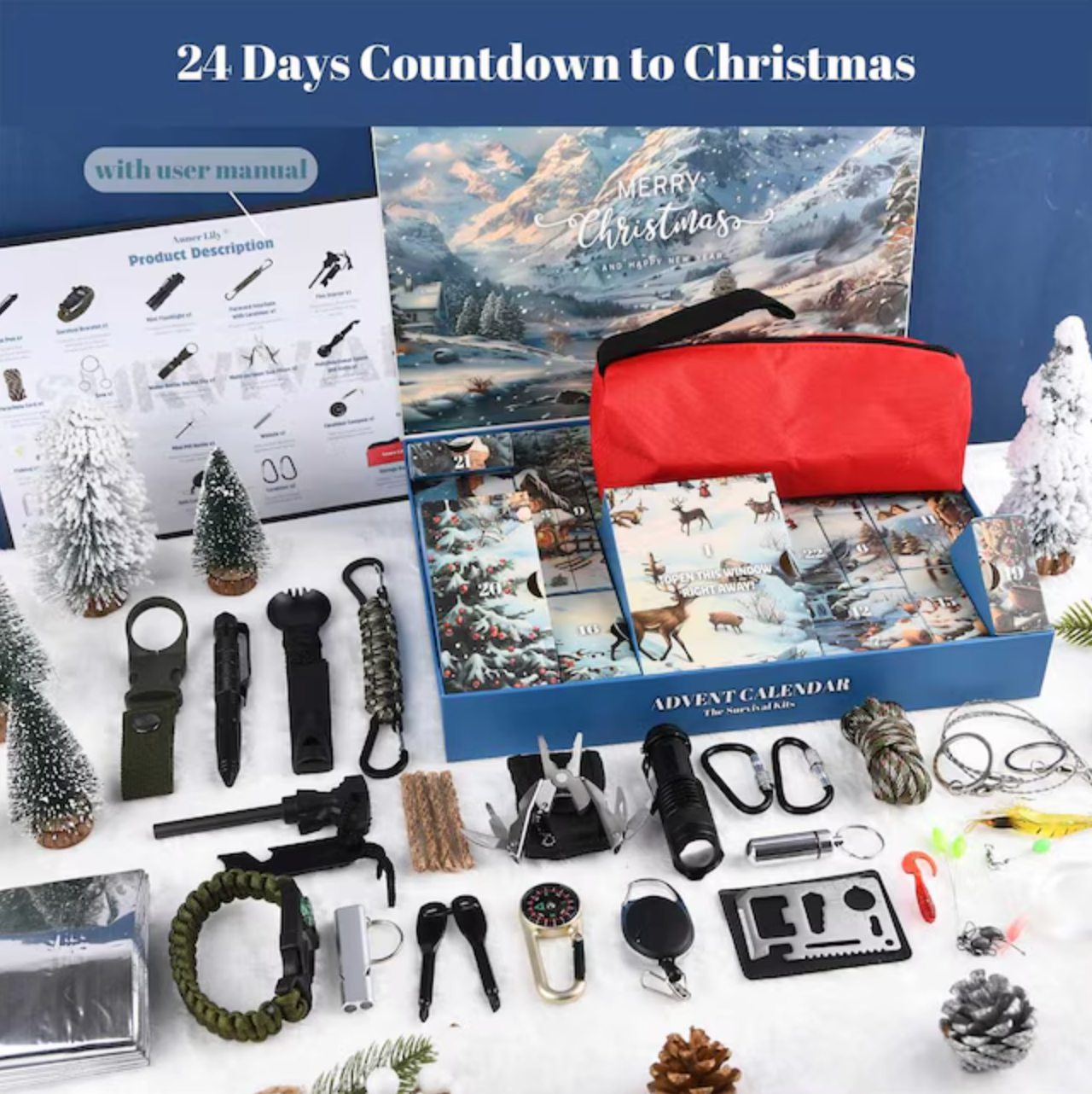 24-Tool Survival Gear Kit with Fire Starter and Compass for Camping